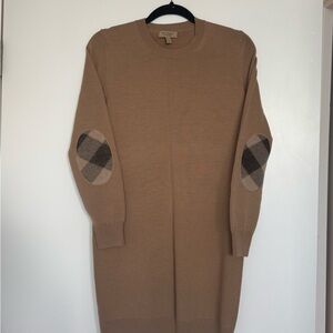 Burberry Tan Crewneck Sweater Dress with Elbow Patches